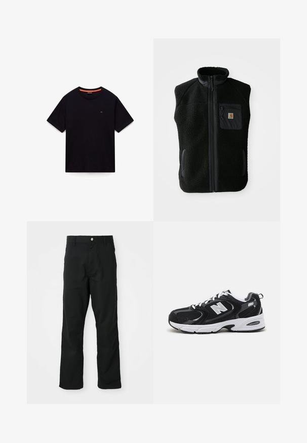 Chaleco de forro polar negro con cuello alto, cierre frontal con cremallera y un bolsillo en el pecho. Presenta un tejido texturizado y bolsillos laterales con detalles en negro.; Camiseta negra de manga corta con cuello redondo, pequeño logo en el pecho y detalle naranja en el interior del cuello, colocada sobre un fondo blanco.; Pantalones rectos negros con cierre de botón y cremallera, lazos para cinturón y bolsillos laterales, exhibidos sobre un fondo blanco.; Zapatillas deportivas en negro y gris con parte superior de malla y ante, que cuentan con una entresuela blanca, cordones y un llamativo logo "N" en el lateral.