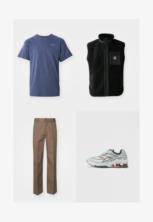Čierny fleece vest s vysokým golierom, predným zipsom a vreckom na hrudi. Obsahuje textúrovanú tkaninu a bočné vrecká s čiernymi akcentmi.; Námornícky modré tričko s krátkym rukávom a okrúhlym výstrihom, s malým svetlomodrým logom Nike na ľavej strane hrude.; Hnedé nohavice s rovnou prednou časťou, priame nohy a klasický pás. Vyrobené z odolnej látky, bez viditeľných vzorov alebo ozdôb.; Svetlosivé bežecké topánky s čiernymi detailmi, oranžovým logom, sieťovaným vrchom, polstrovaným golierom a gumovou podrážkou s viditeľnými tlmiacimi jednotkami.