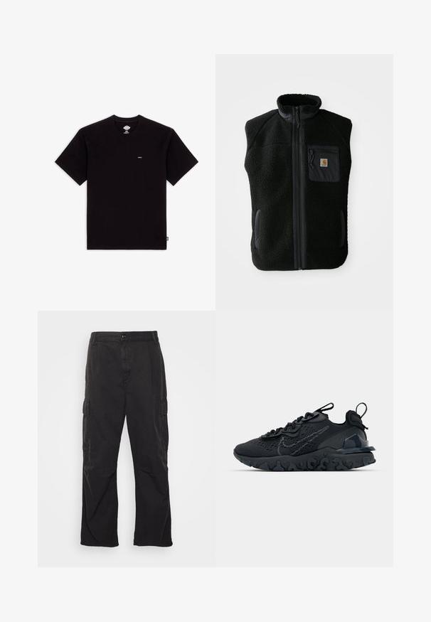 Zwarte fleece vest met hoge kraag, ritssluiting aan de voorkant en een borstzak. Heeft een textuurstof en zijzakken met zwarte accentueringen.; Zwarte katoenen t-shirt met korte mouwen, ronde hals, voorzien van een klein logo label op de borst en een eenvoudig ontwerp zonder patronen of accenten.; Zwarte cargobroek met een rechte pijpontwerp, voorzien van twee zijzakken, een knoopsluiting en een gestructureerde stof.; Zwarte sportieve schoen met een ademende bovenkant van mesh, gestructureerde accenten en een golvende rubberen zool. Heeft een reflecterende logo en vetersysteem.
