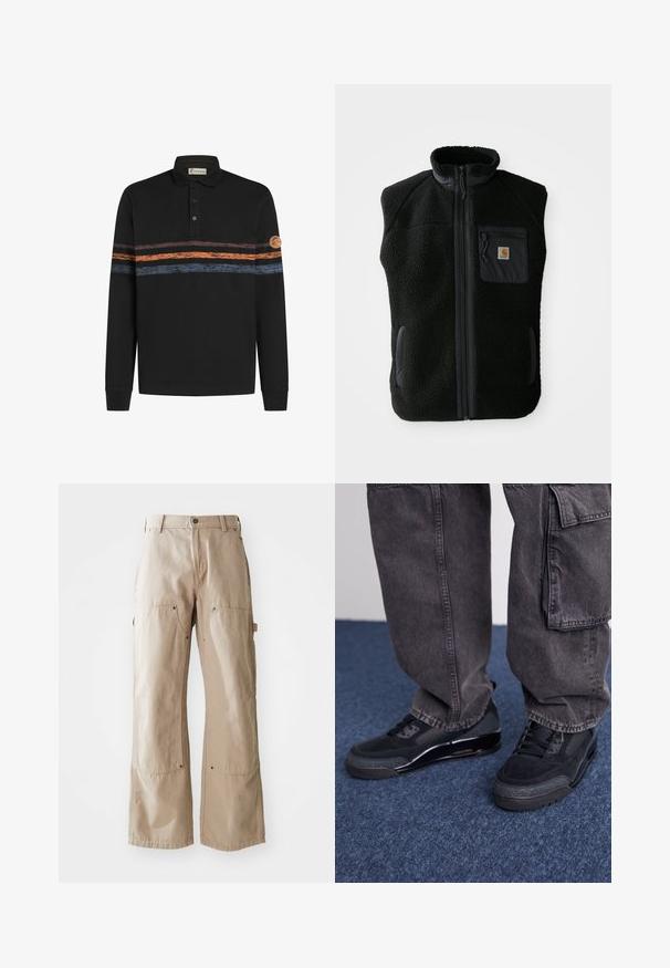 Zwarte fleece vest met hoge kraag, ritssluiting aan de voorkant en een borstzak. Heeft een textuurstof en zijzakken met zwarte accentueringen.; Zwarte polo met lange mouwen, gekenmerkt door een textuur met horizontale strepen in oranje en blauw, met een logopatch op de linker mouw.; Beige wijde broek van stevige katoen. Heeft voor- en zijzakken, zichtbare stiksels en metalen accenten op de zakken.; Zwarte sportieve schoenen met een gestructureerd oppervlak, gladde accenten en een chunky zool, gecombineerd met donkere, loszittende cargo pants.