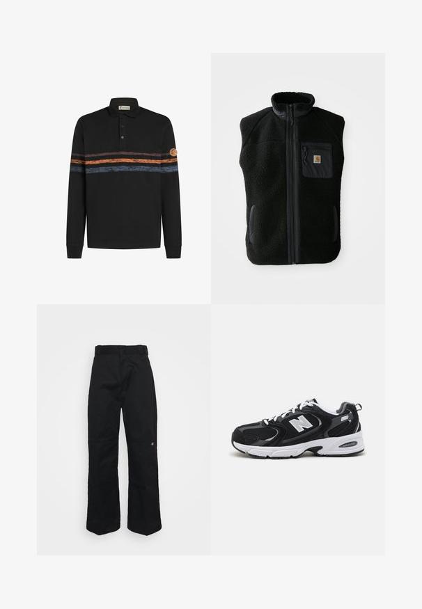 Chaleco de forro polar negro con cuello alto, cierre frontal con cremallera y un bolsillo en el pecho. Presenta un tejido texturizado y bolsillos laterales con detalles en negro.; Camisa polo negra de manga larga con un patrón de rayas horizontales texturizadas en naranja y azul, y un parche de logo en la manga izquierda.; Pantalones negros hechos de tela resistente, con un diseño de pierna recta, trabillas para cinturón y un pequeño logo en el lateral inferior.; Zapatillas deportivas en negro y gris con parte superior de malla y ante, que cuentan con una entresuela blanca, cordones y un llamativo logo "N" en el lateral.