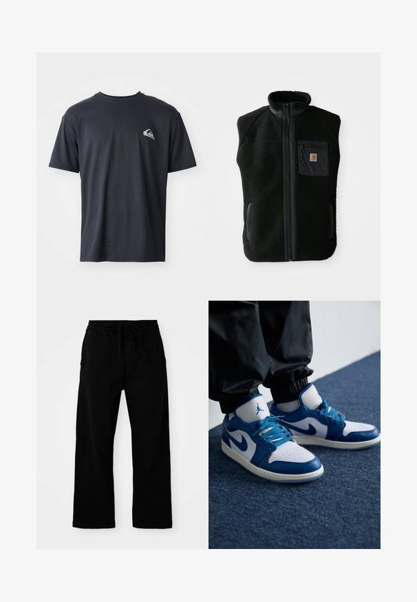 Schwarze Fleeceweste mit hohem Kragen, Frontreißverschluss und Brusttasche. Mit strukturiertem Stoff und Seitentaschen mit schwarzen Akzenten.; Schwarzes T-Shirt mit kurzen Ärmeln aus einem glatten Stoff, mit einem kleinen weißen Logo auf der linken Brustseite. Reguläre Passform mit Rundhalsausschnitt.; Schwarze, elastische Hosen mit verstellbarem Kordelzug, weitem Bein und glatter Baumwollstruktur. Keine sichtbaren Muster oder Hardware-Details.; Die Nike Air Jordan Sneakers verfügen über eine weiße Lederbasis mit blauen synthetischen Akzenten, einer perforierten Zehenbox und blauen Schnürsenkeln.