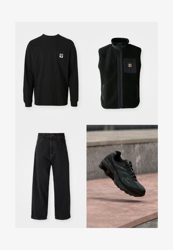 Čierny fleece vest s vysokým golierom, predným zipsom a vreckom na hrudi. Obsahuje textúrovanú tkaninu a bočné vrecká s čiernymi akcentmi.; Čierne tričko s dlhým rukávom vyrobené z bavlny, s okrúhlym výstrihom a náprsním vreckom s logom srdca a textom.; Čierne denimové nohavice s širokými nohavicami a vysokým pásom, predným gombíkom, zipsom a žltým prešívaním na vreckách a švoch.; Čierna atletická teniska s viditeľnou medzipodrážkou s air cushioning, ktorá visí nad ružovým kamenným povrchom s pozadím sivej kamennej steny.