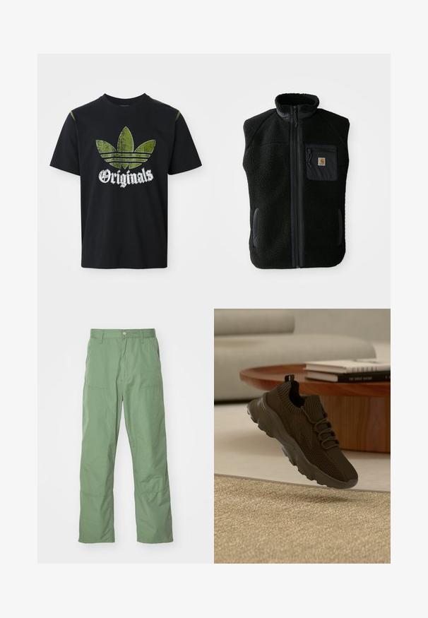 Must värvi fleece vest kõrge kraega, ees lukuga, ja rinnataskuga. Omab tekstureeritud kangast ja küljetaskuid mustade detailidega.; Must musta särk, millel on kulunud rohelise graafikaga kujutis kolmest triibust ja sõna "Originals" all valget värvi, ümmargune kaelus, lühikesed varrukad.; Heledad rohelised, mugavad püksid, millel on sujuv tekstuur, küljetaskud ja nähtavad õmblusdetailid. Täispikkusega ja sirge jala disainiga.; Must kootud spordijalats paksu tallaga on toodud beeži vaiba kohal, taustal puidust kohvilaud ja raamatud.