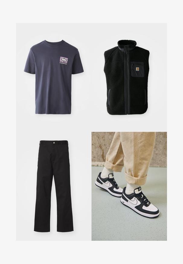 Sort fleece vest med høj krave, lynlåslynlås foran og brystlomme. Har struktureret stof og sidelommer med sorte accenter.; Marineblå bomulds t-shirt med rund hals og korte ærmer. Har et geometrisk grafisk print i lilla og hvid på venstre bryst.; Sorte bukser lavet af slidstærkt stof med lige pasform, der har knaplukning foran, bæltestropper og ingen synlige mønstre eller accenter.; Sorte og hvide Nike Air Force 1 sneakers med læderoverdel, perforeret tå og tekstureret såldetalje, båret med rullede beige bukser og hvide sokker.
