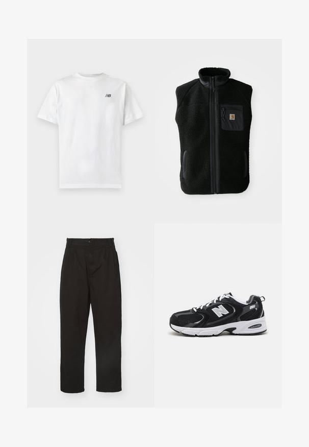 Schwarze Fleeceweste mit hohem Kragen, Frontreißverschluss und Brusttasche. Mit strukturiertem Stoff und Seitentaschen mit schwarzen Akzenten.; Weißes T-Shirt mit kurzen Ärmeln und Rundhalsausschnitt mit kleinem schwarzem New Balance-Logo auf der oberen linken Brust auf einem einfarbigen hellen Hintergrund.; Schwarze Hose aus glattem Stoff, mit Knopfverschluss, geradem Schnitt und zwei vorderen Falten für zusätzlichen Detail.; Schwarze und graue Sportschuhe mit Obermaterial aus Mesh und Wildleder, ausgestattet mit einer weißen Zwischensohle, Schnürsenkeln und einem markanten "N"-Logo an der Seite.