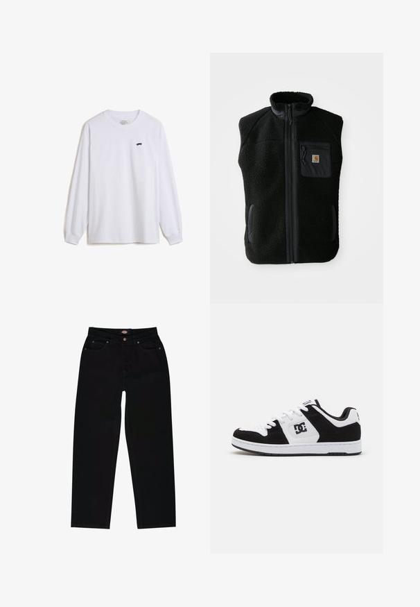 Chaleco de forro polar negro con cuello alto, cierre frontal con cremallera y un bolsillo en el pecho. Presenta un tejido texturizado y bolsillos laterales con detalles en negro.; Camiseta de manga larga blanca hecha de algodón, con un pequeño gráfico de patineta negra en el lado izquierdo del pecho y puños acanalados.; Vaqueros de mezclilla negra con corte recto, que cuentan con cinco bolsillos, costuras marrones y cierre de cremallera. Textura suave y material duradero.; Zapatilla en blanco y negro con una combinación de materiales de cuero y ante, que presenta una puntera perforada, acentos texturizados y detalle del logo.