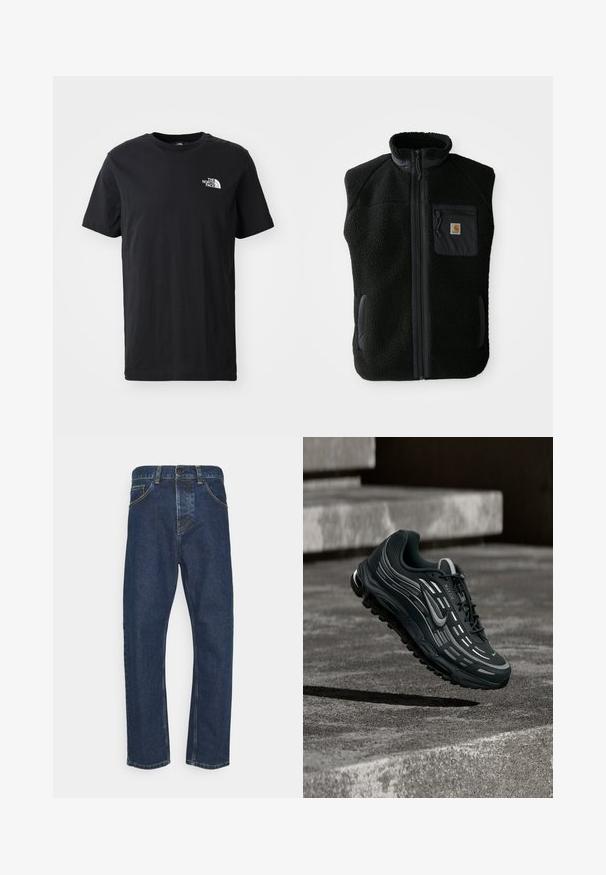 Zwarte fleece vest met hoge kraag, ritssluiting aan de voorkant en een borstzak. Heeft een textuurstof en zijzakken met zwarte accentueringen.; Zwart katoenen T-shirt met korte mouwen, ronde hals, met een klein wit logo op de linkerkant van de borst. Zachte textuur, casual pasvorm.; Donkerblauwe rechte jeans met een sluiting met knoop en rits aan de voorkant, en zakken, weergegeven tegen een witte achtergrond.; Zwarte en grijze Nike Air Max sneaker zwevend boven grijze betonnen trappen met een gestructureerde achtergrond van de grond.