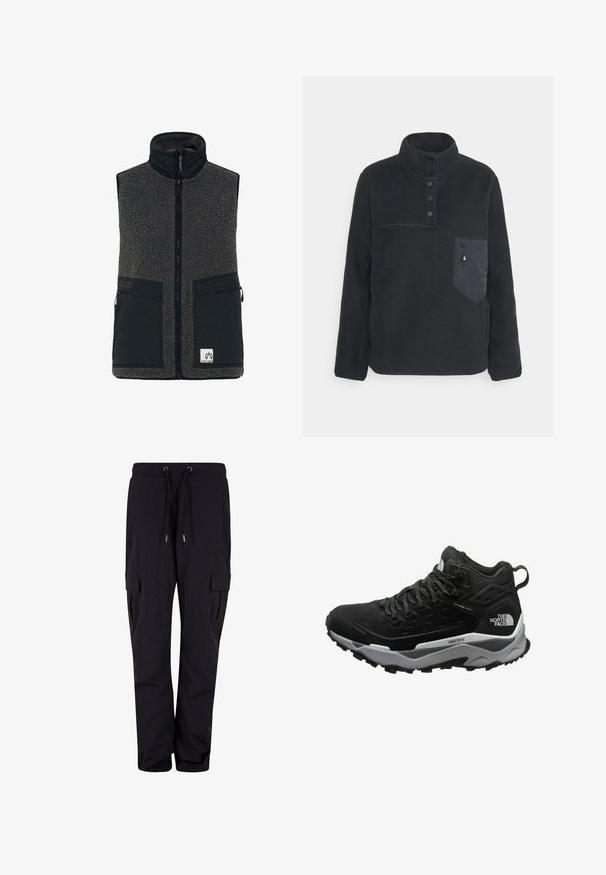 Gilet en polaire de couleur gris foncé avec un col haut, une fermeture éclair frontale, des poches en nylon noir et un patch logo en bas à droite.; Pull-over en polaire noire avec un col montant, une patte de boutonnage à quatre boutons et une poche zippée sur la poitrine gauche. Présente des coutures contrastantes et une texture douce.; Pantalons cargo noirs en tissu doux, dotés d'une taille élastique avec cordons de serrage et de poches latérales. Design à jambes droites.; Bottes de randonnée noires avec une tige texturée, une semelle intermédiaire grise et une semelle extérieure en caoutchouc présentant des motifs de traction marqués. Design à lacets avec un col rembourré.