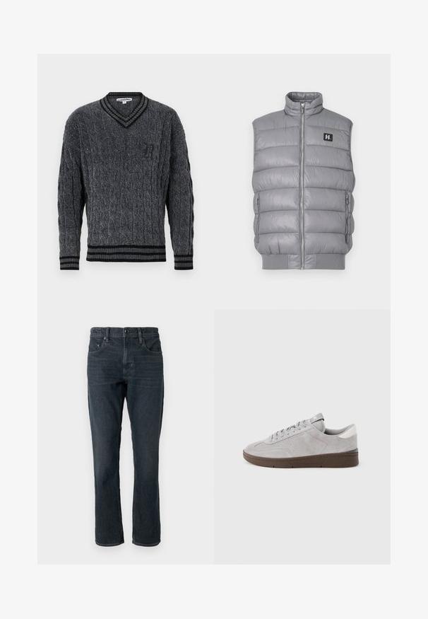 Grå puffervest med høj krave, lynlås foran og to sidelommer med lynlås. Fremstillet af et glat, skinnende materiale; ribbet kant.; Grå strikket sweater med flettemønster. V-hals design, sort ribbede kanter ved krave og nederkant. Har et lille sort logo på brystet.; Mørkeblå denim jeans med lige pasform, fem-lomme design og knaplukning. Har diskret falmning og kontrastsyning.; Grå ruskindslavtop-sneaker med brunt sål, snørelukning foran og hvid hælaccent, vist på en ensfarvet hvid baggrund.