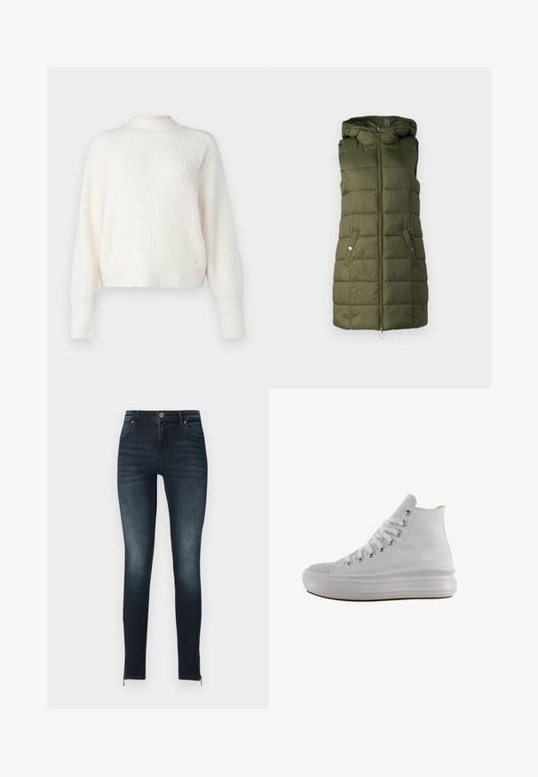 Padded Weste in Olivgrün mit Kapuze, ausgestattet mit einem Frontreißverschluss, zwei seitlichen Taschen mit Druckknöpfen und gesteppter Textur.; Helles cremefarbenes, geripptes Sweatshirt mit langen Ärmeln und hohem Kragen. Weiche Textur und lockere Passform, mit dezenten vertikalen Linien.; Schmale dunkelblaue Jeans aus Denim, mit Knopfverschluss, Vordertaschen und Reißverschlüssen an den Knöcheln. Glatte Textur mit leichtem Verblassen.; Weißer High-Top-Canvas-Sneaker mit weißen Schnürsenkeln, metallischen Ösen, dicker Gummisohle und strukturierter Zehenkappe, nach links auf weißem Hintergrund ausgerichtet.