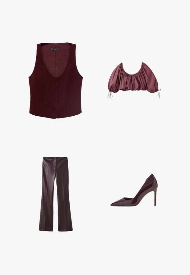 Bordeaux mouwloos vest met een diepe V-hals, vijf knopen sluiting en een gladde stofstructuur. Geen patronen of extra accenten zichtbaar.; Gecropte, off-shoulder blouse in diep mauve met geplooide stof en elastische pofmouwen, gestrikt aan de polsen.; Bruine flared pants van een gladde stof met een strakke afwerking. Bevat een rits aan de voorkant en een nette tailleband.; Bordeaux patentleren hoge hakpumps, ontwerp met spitse neus, slanke silhouet en stilettohak. Gladde textuur met glanzende afwerking.