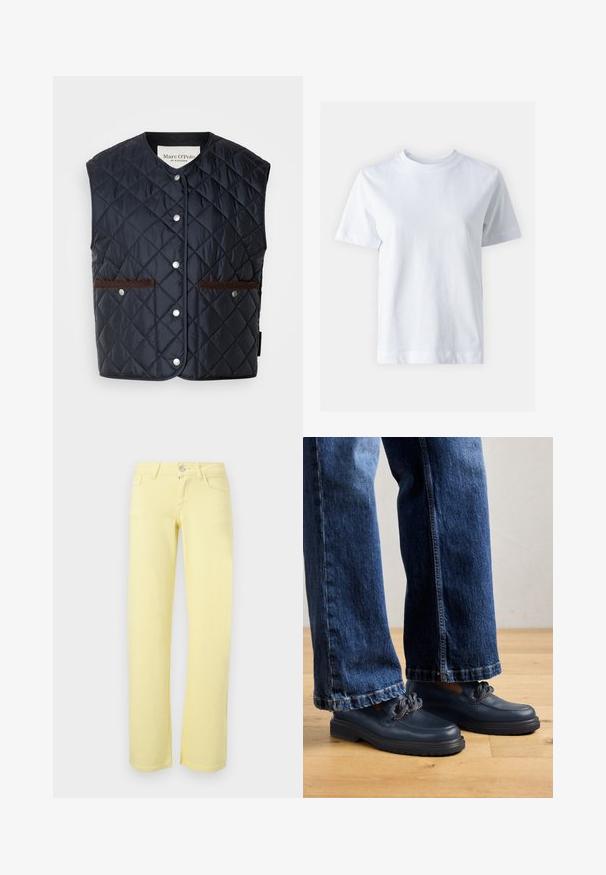 Marineblaue gesteppte Weste mit rundem Ausschnitt, Druckknöpfen und zwei braunen Stofftaschen. Strukturierter Stoff mit durchgehendem Rautenmuster.; Weißes Baumwoll-T-Shirt mit Rundhalsausschnitt, kurzen Ärmeln, gerader Schnittführung und glatter Textur. Keine Muster oder Verzierungen.; Gelbe Hose mit geradem Bein, Vorderknopf, Reißverschluss und Fünf-Taschen-Design vor neutralem Hintergrund.; Dunkelblaue Leder Schuhe mit einer massiven Sohle und Kettendetails auf dem Obermaterial, kombiniert mit lockeren, dunkelblauen Jeans.