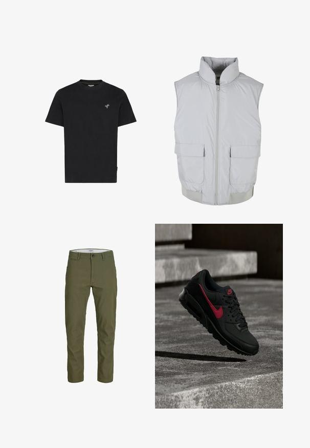 Lys grå polstret vest med høj krave, frontlynlås og to store sidelommer. Glat tekstur, kort design med ribbede kanter.; Sort bomulds T-shirt med rund hals og korte ærmer, med en lille broderet grøn palmetræ på venstre bryst.; Olivenfarvede bukser lavet af bomuldsstof, med lige snit, frontlommer, lynlås- og knaplukning samt synlige sømdetaljer.; Sort Nike-sneaker med rød swoosh og logo, vist svævende over en betonoverflade med trin i baggrunden.