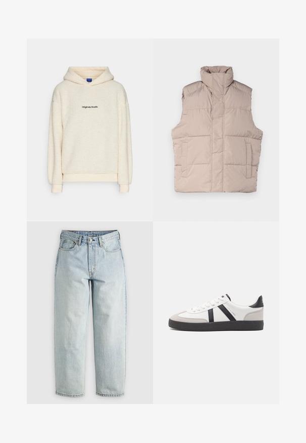 Gilet matelassé beige avec col montant, design sans manches, fermeture éclair sur le devant et deux poches à rabat. Texture lisse et matelassée.; Hoodie en polaire sherpa couleur crème avec "Originals Studio" imprimé en noir sur la poitrine, présentant des manches longues et une capuche à l'avant.; Jean en denim bleu clair avec une coupe droite, cinq poches et une fermeture à bouton; présente des zones décolorées et des détails de couture subtils.; Baskets blanches avec des accents noirs et gris, présentant un embout texturé gris, une semelle en caoutchouc noir et des lacets plats blancs. Design épuré, style minimaliste.