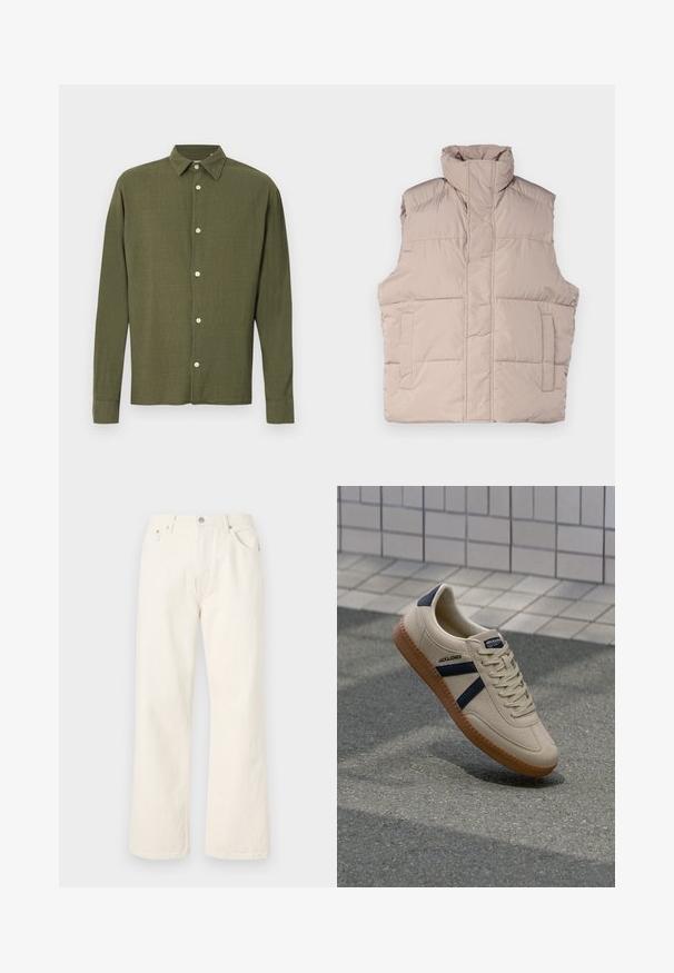 Beige puffer-vesti korkealla kauluksella, hihaton malli, edestä vetoketjulla suljettava ja kahdella läpällä varustettua taskua. Sileä, tikattu pinta.; Pitkähihainen oliivinvihreä napillinen paita, jossa on terävä kaulus ja hienovarainen tekstuurikuosi, esillä yksinkertaisella taustalla.; Kermanväriset leveät lahkeet farkut, valmistettu denimistä, joka sisältää standardin viisi taskua -tyylin ja metallinappisuljennan vyötäröllä.; Beige lenkkarit tekstuuripinnalla, tummansinisin raidoilla ja kumipohjalla. Varustettu pehmustetulla kielellä ja perinteisellä nauhoitussysteemillä turvallisen istuvuuden takaamiseksi.