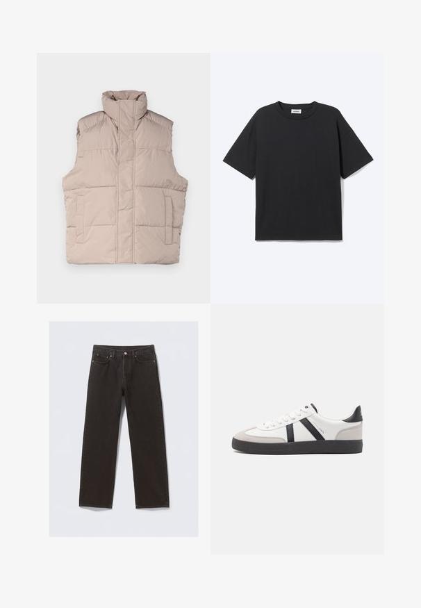 Beige puffer vest med høj krave, ærmeløs design, lynlåslukning foran og to påsyede lommer. Glat, quiltet tekstur.; Sort T-shirt med korte ærmer og rund hals med afslappet pasform, forfra, ensfarvet design og synligt Weekday-mærke inde i kraven.; Svarte denimjeans med straight-leg design, fem lommer og kobberfarvet syning. Glat tekstur, klassisk knaplukning i taljen.; Hvide sneakers med sorte og grå detaljer, med en tekstureret grå tåhætte, sort gummisål og flade hvide snørebånd. Rent design, minimalistisk stil.