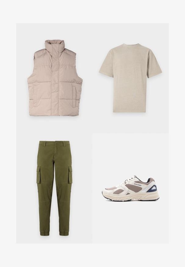 Beige puffer vest med høj krave, ærmeløs design, lynlåslukning foran og to påsyede lommer. Glat, quiltet tekstur.; Kortærmet T-shirt i lys beige med rund hals, lavet af blødt stof, med en glat tekstur og et enkelt design uden grafik.; Olivengrønne cargo-bukser med elastiske manchetter, der har to sidelommer, en frontlukning med knap og et glat, let materiale.; Beige og taupe mesh og syntetisk atletiksko med snørelukning foran, polstret sål og "JACK & JONES" branding på siden.