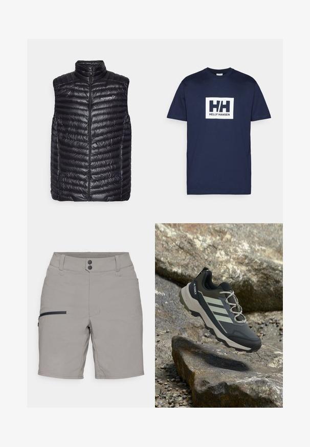 Norrøna TROLLVEGGEN SUPER LIGHT VEST - Vest - caviar black; Tume sinine puuvillane T-särk, millel on valge ristkülikukujuline logo, kus on keskel tekst "HH" ja "HELly HANSEN" rinnal. Lühikesed varrukad.; Hallide hallid, millel on sile tekstuur, küljel lukuga tasku, kaks nööpkinnitust ja klassikaline lõige. Mugavuse ja funktsionaalsuse nimel kujundatud.; Must ja hall Adidas Terrex matkajalats valgete triipudega, hõljuv kivisel maastikul, mille ümber on laiali väiksed kivid.