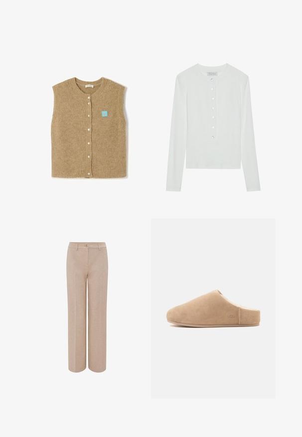 Gilet sans manches beige tricoté avec un col rond, une surface texturée, six boutons et une étiquette bleu clair sur le côté gauche.; Haut à manches longues blanc en tissu côtelé, avec un col rond et un devant boutonné comportant six boutons transparents.; Pantalon large beige en tissu doux, avec fermeture par bouton et poches avant plates. Design simple sans motifs visibles.; Chausson beige en daim à enfiler, doublure en peluche et semelle plate, bout fermé, arrière ouvert, avec un logo discret "UGG" sur le côté.