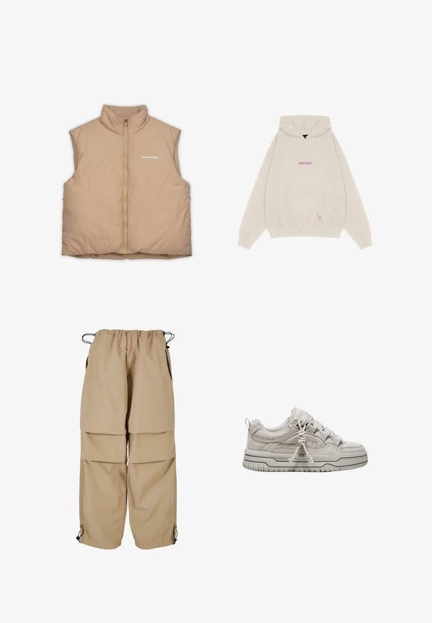 Beige ærmeløs vest med høj krave, lynlås og blød tekstur. Har et lille "PEGADOR" logo på forsiden. Letvægts og polstret.; Pegador THEA OVERSIZED - Hættetrøje - vintage moon grey; Beige cargo bukser med elastisk talje, lagdelt design og sidelommer. Har justerbare manchetter med toggles for en tilpasset pasform.; Lysegrå ruskindssneaker med polstret krave, teksturerede accentlinjer, flade snørebånd og en tyk gummisål med mønstret slidbane.