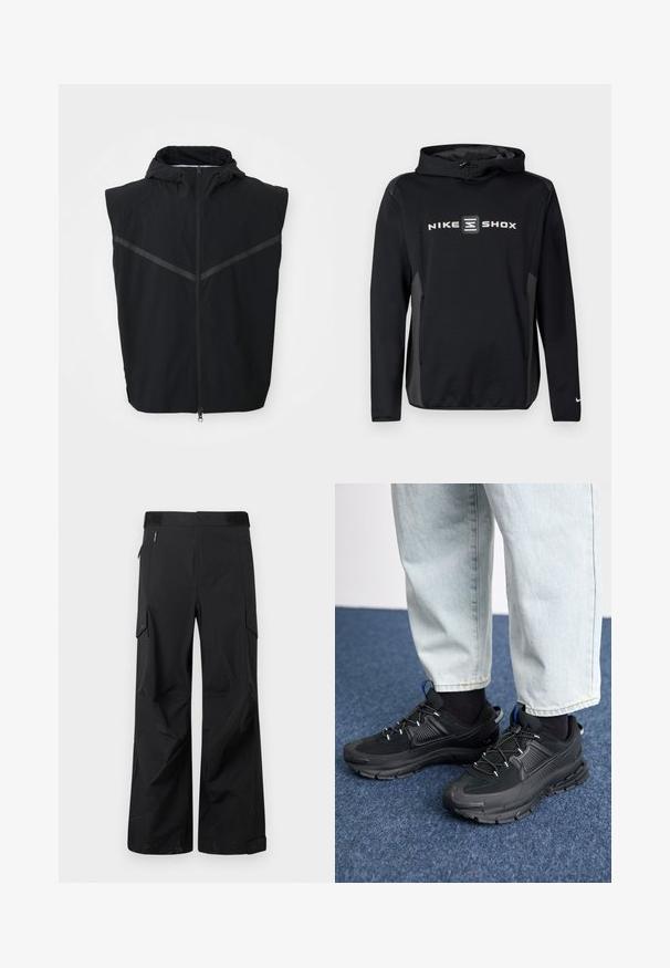 Zwarte mouwloze vest met capuchon. Voorzien van een front-rits en reflecterende strips over het borstgebied. Gemaakt van lichtgewicht stof.; Zwarte Nike Shox-hoodie met een grijs logo op de voorkant, voorzien van een capuchon met trekkoord en lange mouwen. Soepele textuur, sportieve pasvorm.; Zwarte cargo-broeken gemaakt van een gladde, waterafstotende stof. Kenmerken zijn wijde pijpen, meerdere zijzakken en een vlakke tailleband met subtiele branding.; Zwarte sportschoenen met gestructureerde stof en rubberen zolen, met elastische veters en een blauwe accent op de hiel. Draag samen met lichte spijkerbroeken.