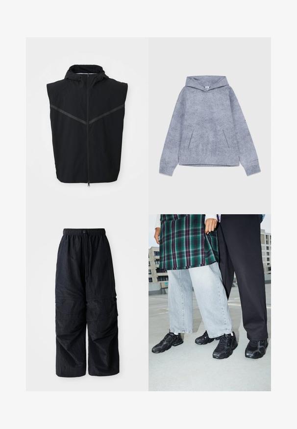 Chaleco sin mangas negro con capucha. Presenta una cremallera frontal y tiras reflectantes en la zona del pecho. Está hecho de una tela ligera.; Sudadera con capucha gris fabricada con tejido texturizado. Presenta un bolsillo frontal tipo canguro y mangas con puños. Diseño minimalista sin logotipos visibles.; Pantalones cargo negros de nylon ligero con cinturilla elástica, cordón ajustable y múltiples bolsillos en capas en las piernas.; Zapatillas deportivas negras con acentos de malla y goma. Combinadas con jeans de pierna ancha de color gris claro y una blusa de cuadros verdes. Fondo de superficie plana.