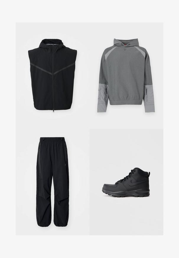 Schwarze ärmellose Weste mit Kapuze. Verfügt über einen Frontreißverschluss und reflektierende Streifen im Brustbereich. Hergestellt aus leichtem Material.; Grauer Kapuzenpullover mit strukturiertem grauem Körper, Raglanärmeln, Fronttasche und seitlichem Reißverschlusselement. Mit einem schwarzen Logo auf der Brust.; Schwarze leichte Cargo-Hosen mit elastischem Bund, seitlichen Reißverschlüssen und geräumigen Taschen. Bietet eine lockere Passform und tapered Bündchen.; Schwarze High-Top-Sneaker mit einem glatten synthetischen Obermaterial, runder Zehenpartie, gepolstertem Schaft und strukturiertem Gummisohle. Verfügt über ein Schnürdesign und ein Logo-Element.