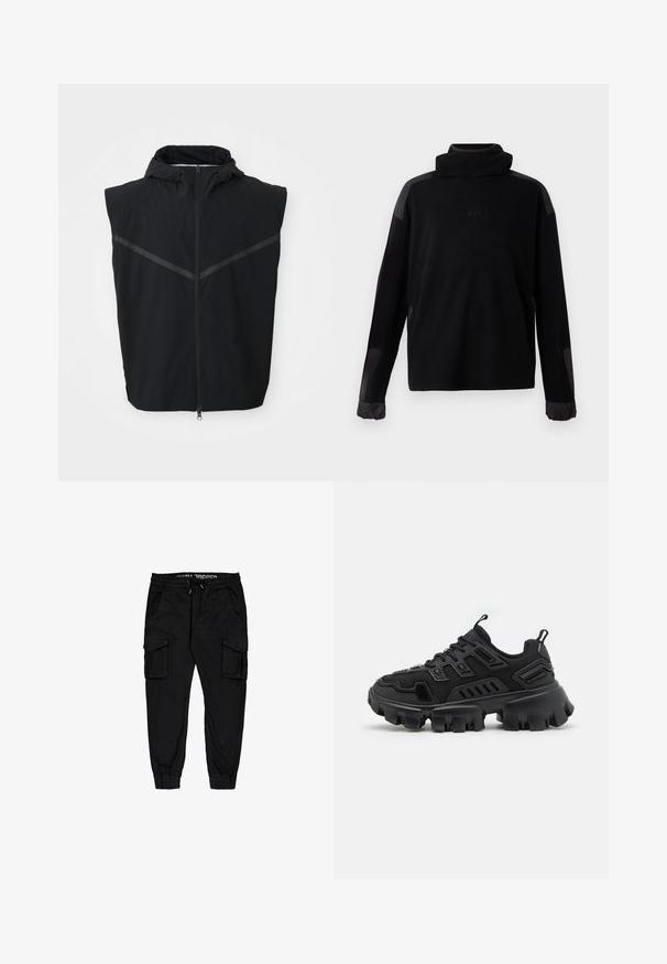 Sort ærmeløs vest med hætte. Har en frontlynlås og reflekterende striber hen over brystområdet. Lavet af letvægtsstof.; Sort langærmet pullover med høj krave, elastiske manchetter og glatte stoflapper på skuldre og ærmer.; Sorte cargobukser lavet af letvægtsstof, med elastisk talje, snor, og flere sidelommer samt tætsiddende cuffs.; Sort sportsko med tekstureret gummisål, lagdelte designelementer og forstærkede detaljer. Har snørebånd og en trækflig ved hælen.