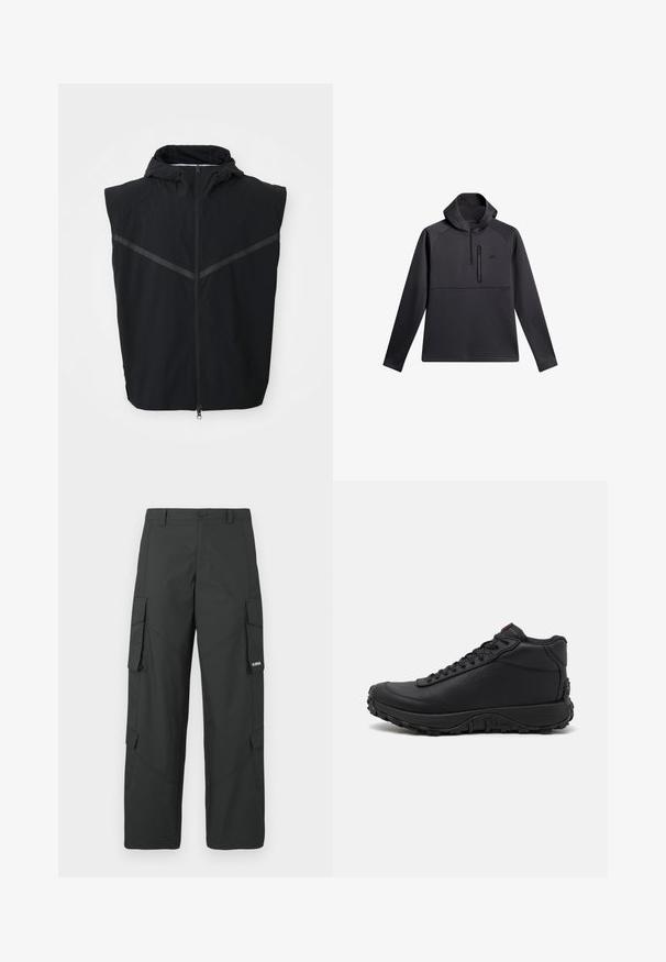 Sort ærmeløs vest med hætte. Har en frontlynlås og reflekterende striber hen over brystområdet. Lavet af letvægtsstof.; Sort pullover med hætte, der har en kvart lynlås foran, raglanærmer og en lynlåslomme på brystet; glat tekstur og atletisk design.; Sorte straight-leg cargo bukser med sidelommer med klap, knaplukning, bæltestropper og et lille hvidt logo på klappen af højre lomme.; Sorte høje sneakers lavet af struktureret læder, med en tyk gummisål med trækmønstre og snørefunktion. Rød detalje på tungen.