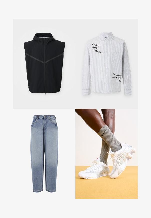 Chaleco sin mangas negro con capucha. Presenta una cremallera frontal y tiras reflectantes en la zona del pecho. Está hecho de una tela ligera.; Camisa blanca abotonada con finas rayas negras verticales y texto negro que dice "CHAOS AND DISSENT" y "IN SEARCH UNCONDITIONAL FREE" en la parte delantera.; Vaqueros azules de mezclilla de tiro alto y corte holgado, con bolsillos delanteros, trabillas para cinturón, cierre de botones y detalles desgastados a lo largo de las piernas.; Zapatillas Nike en blanco con detalles plateados, con paneles texturizados y perforaciones. Combinadas con calcetines grises acanalados, sobre un fondo amarillo.
