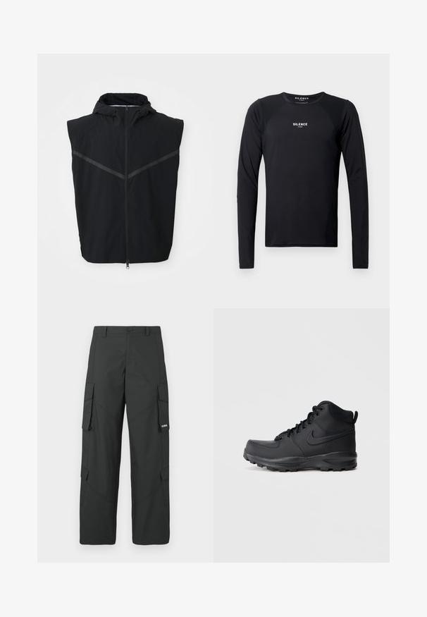 Chaleco sin mangas negro con capucha. Presenta una cremallera frontal y tiras reflectantes en la zona del pecho. Está hecho de una tela ligera.; Camiseta atlética negra de manga larga, hecha de una tela suave y ligera. Presenta un cuello redondo, mangas raglán y un logo sutil en el pecho.; Pantalones cargo rectos negros con bolsillos laterales con solapa, cierre de botón, trabillas para cinturón y pequeño logo blanco en la solapa del bolsillo derecho.; Zapatilla alta negra con un upper sintético suave, puntera redonda, cuello acolchado y suela de goma texturizada. Presenta un diseño de cordones y acento de logo.