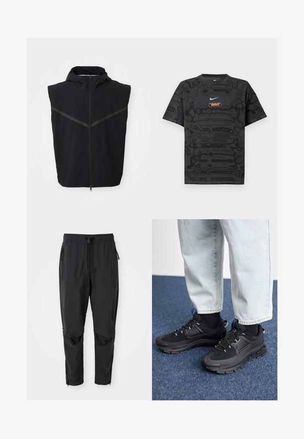 Chaleco sin mangas negro con capucha. Presenta una cremallera frontal y tiras reflectantes en la zona del pecho. Está hecho de una tela ligera.; Camiseta negra con un patrón texturizado, que presenta un pequeño logotipo de Nike en azul claro y un parche rectangular con el logotipo en colores contrastantes.; Pantalones ligeros negros con cintura elástica, cordón ajustable, bolsillos laterales con cremallera, rodilleras articuladas y cremalleras en los tobillos.; Zapatillas deportivas negras con tejido texturizado y suelas de goma, con cordones elásticos y un acento azul en el talón. Combinadas con pantalones de mezclilla claros.