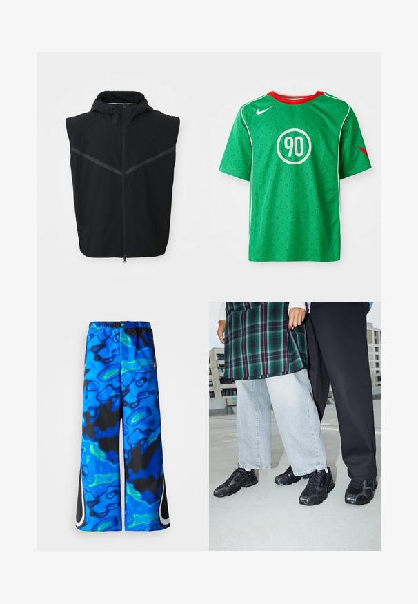 Schwarze ärmellose Weste mit Kapuze. Verfügt über einen Frontreißverschluss und reflektierende Streifen im Brustbereich. Hergestellt aus leichtem Material.; Grünes Nike-Sportshirt mit kurzen Ärmeln, weißen Akzenten, gepunktetem Muster und einem runden weißen "90"-Logo in der Mitte. Roter Kragen.; Blaue und schwarze, abstrakt gemusterte, weit geschnittene Hose mit elastischem Bund und seitlichen Reißverschlusstaschen auf einem einfarbigen Hintergrund.; Schwarze Sportschuhe mit Mesh- und Gummielementen. Kombiniert mit hellgrauen weiten Jeans und einem karierten grünen Oberteil. Flacher Hintergrund.