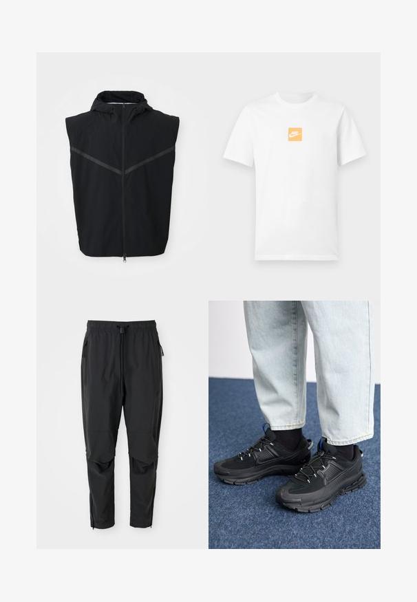 Sort ærmeløs vest med hætte. Har en frontlynlås og reflekterende striber hen over brystområdet. Lavet af letvægtsstof.; Hvid kortærmet bomuldst-shirt med lille orange firkant på brystet, der har hvidt Nike-logo og swoosh.; Sorte letvægtsbukser med elastisk talje, snøre, lynlåslommer i siderne, artikulerede knæ og lynlåse ved anklerne.; Sorte træningssko med tekstureret stof og gummisåler, udstyret med elastiske snørebånd og en blå detalje på hælen. Bæres med lyse denimbukser.
