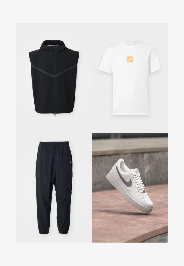 Sort ærmeløs vest med hætte. Har en frontlynlås og reflekterende striber hen over brystområdet. Lavet af letvægtsstof.; Hvid kortærmet bomuldst-shirt med lille orange firkant på brystet, der har hvidt Nike-logo og swoosh.; Sorte cargo-bukser lavet af letvægtsmateriale, der har en elastisk talje, sidelommer og en afslappet pasform med elastiske manchetter.; Hvid Nike Air Force 1 sneaker med gråt swoosh-logo svævende over en stensurface og en grå stenvæg i baggrunden.