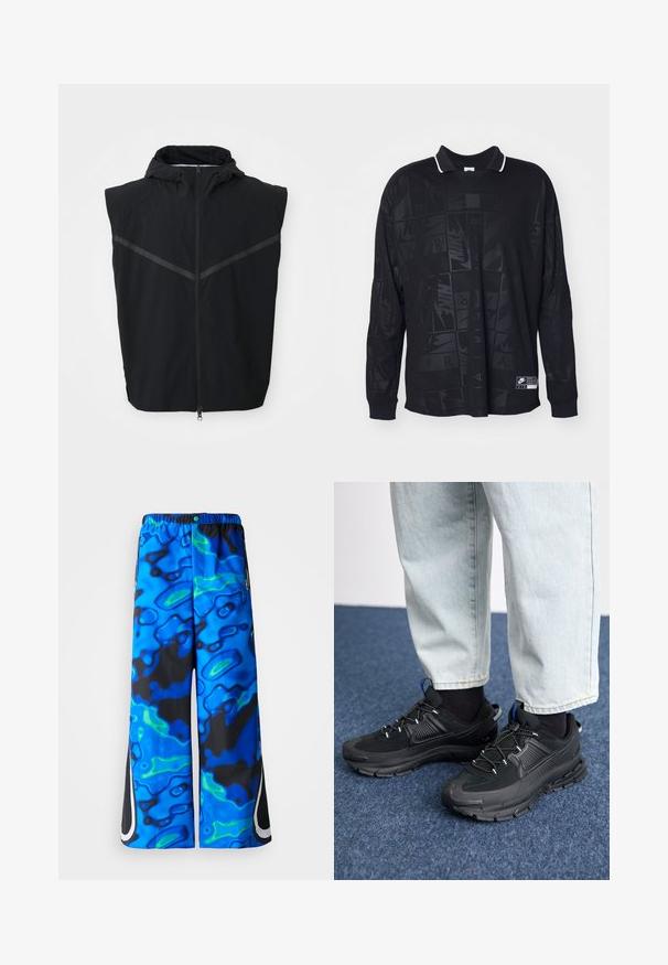 Schwarze ärmellose Weste mit Kapuze. Verfügt über einen Frontreißverschluss und reflektierende Streifen im Brustbereich. Hergestellt aus leichtem Material.; Schwarzes Poloshirt mit langen Ärmeln, das ein strukturiertes Muster, einen kontrastierenden weißen Kragen und ein Nike-Logo auf der unteren linken Seite hat.; Blaue und schwarze, abstrakt gemusterte, weit geschnittene Hose mit elastischem Bund und seitlichen Reißverschlusstaschen auf einem einfarbigen Hintergrund.; Schwarze Sportschuhe aus strukturiertem Stoff mit Gummisohlen, ausgestattet mit elastischen Schnürsenkeln und einem blauen Akzent an der Ferse. Getragen mit hellen Jeans.