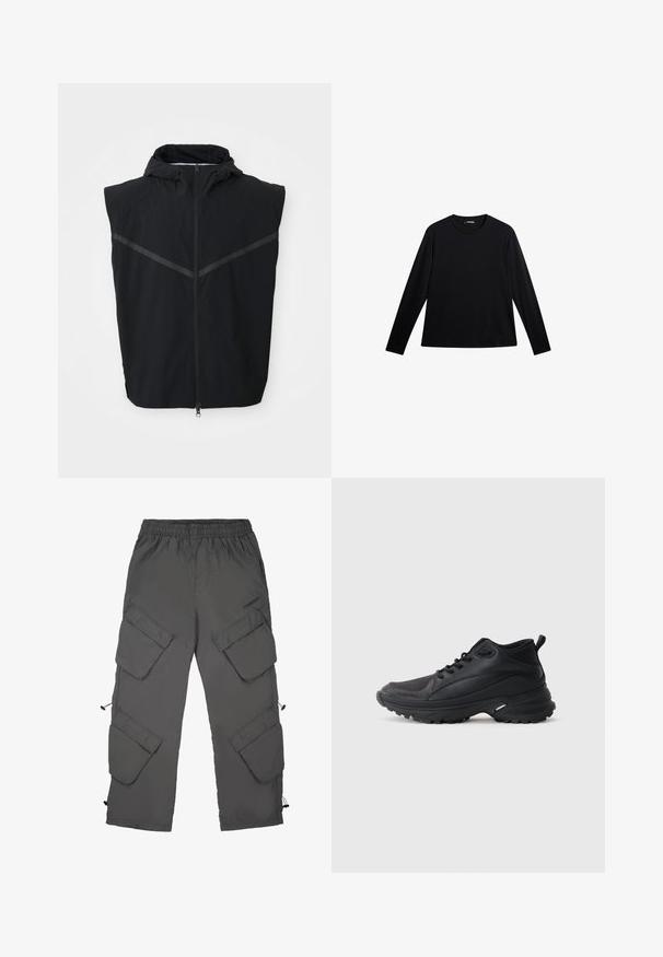 Sort ærmeløs vest med hætte. Har en frontlynlås og reflekterende striber hen over brystområdet. Lavet af letvægtsstof.; Sort langærmet T-shirt lavet af glat stof, med rund hals og et diskret logo på fronten, i en afslappet pasform.; Cargo bukser i mørkegrå stof med elastisk talje, flere cargo-lommer, snoretræk ved bunden og en glat tekstur.; Sorte atletikskøjter lavet af syntetisk materiale. Har en polstret krave, rund tå, robust ydersål med godt greb og detaljer med mærkelogo.