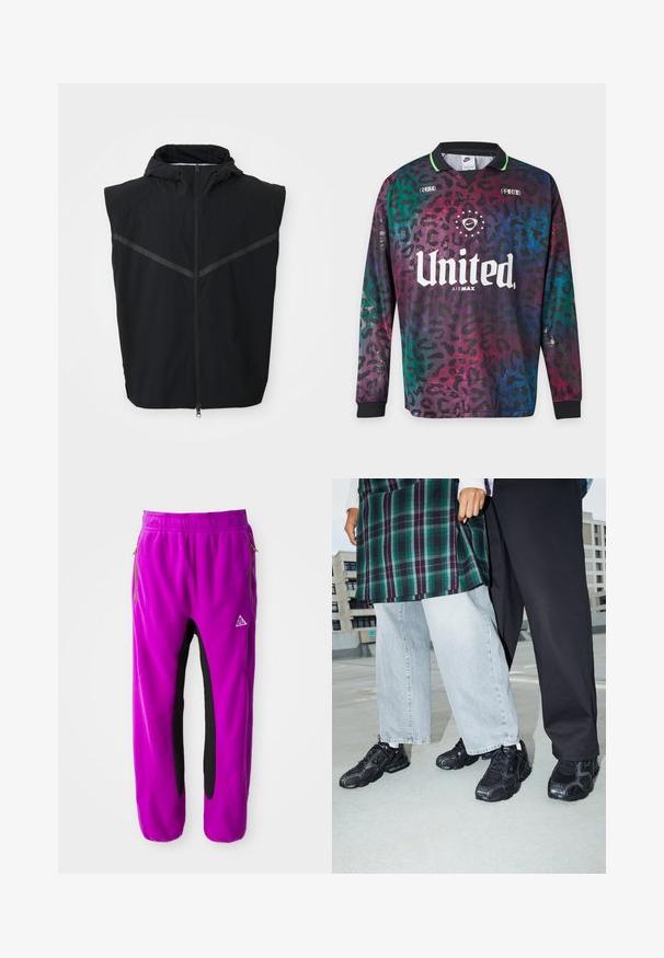 Must lametõmbluseta vest, millel on kapuuts. Esipool on varustatud tõmblukuga ja rindkere piirkonnas on peegeldavad triibud. Valmistatud kergest kangast.; Nike pika varrukaga spordisärk musta kraega, mitmevärvilise leopardimustriga, valge "United Air Max" tekstiga ja väikeste valgete hiina märkidega õlgade lähedal.; Lilla fliispüksid mustade küljeaktsentidega, mis on varustatud tõmblukkudega taskute ja brodeeritud logoga. Elastne vöökoht tagab kindla istuvuse.; Mustad mustad jalanõud, millel on võrkkangast ja kummist aktsendid. Kannab heledat halli laiade jalgadega teksapükse ja ruudulist rohelisest topi. Lame pind taust.