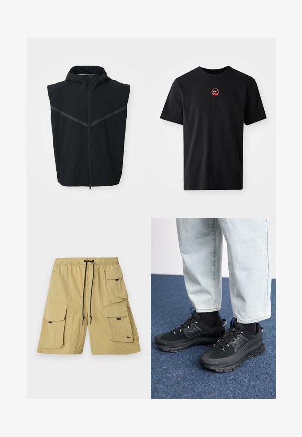 Chaleco sin mangas negro con capucha. Presenta una cremallera frontal y tiras reflectantes en la zona del pecho. Está hecho de una tela ligera.; Camiseta negra de mangas cortas hecha de algodón, con un logo hexagonal de Nike en rojo y blanco en el pecho y un escote redondeado.; Pantalones cortos cargo beige hechos de una tela ligera. Presentan múltiples bolsillos laterales, una cintura elástica con cordón y un pequeño logo.; Zapatillas deportivas negras con tejido texturizado y suelas de goma, con cordones elásticos y un acento azul en el talón. Combinadas con pantalones de mezclilla claros.