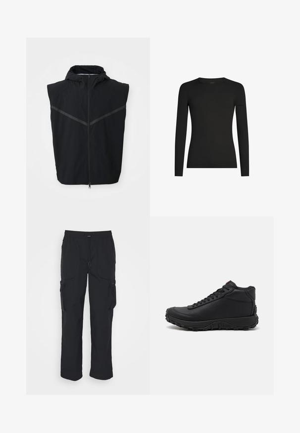 Schwarze ärmellose Weste mit Kapuze. Verfügt über einen Frontreißverschluss und reflektierende Streifen im Brustbereich. Hergestellt aus leichtem Material.; Schwarzes, langärmeliges, figurbetontes T-Shirt mit Rundhalsausschnitt und dezentem Icebreaker-Logo auf dem linken Ärmel, dargestellt vor weißem Hintergrund.; Schwarze Cargo-Hosen aus gewebtem Stoff. Mit verstellbarem Bund, Seitentaschen und zwei Utility-Taschen mit Reißverschlüssen.; Schwarze High-Top-Sneaker aus strukturiertem Leder, mit einer dicken Gummisohle mit Profil und Schnürdesign. Roter Akzent auf der Zunge.