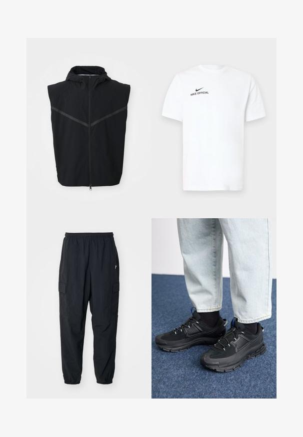 Zwarte mouwloze vest met capuchon. Voorzien van een front-rits en reflecterende strips over het borstgebied. Gemaakt van lichtgewicht stof.; Wit katoenen T-shirt met korte mouwen. Voorzien van een zwart "Nike Official" logo en een zwarte swoosh aan de linkerkant van de borst.; Zwarte cargobroek van lichtgewicht materiaal, met een elastische tailleband, zijzakken en een losse pasvorm met elastische manchetten.; Zwarte sportschoenen met gestructureerde stof en rubberen zolen, met elastische veters en een blauwe accent op de hiel. Draag samen met lichte spijkerbroeken.