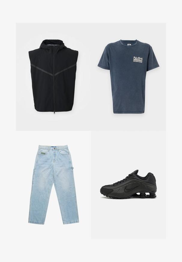 Sort ærmeløs vest med hætte. Har en frontlynlås og reflekterende striber hen over brystområdet. Lavet af letvægtsstof.; Kortærmet, navy blå bomulds t-shirt med tryk på fronten med "No 94" og "DC Shoes" i en kontrastfarve. Klassisk crew neck design.; Lysblå denim jeans med løs pasform, fem-lomme design og synlige sømme. Har et mærke på forlommen.; Sorte løbesko med en glat syntetisk overdel, perforerede detaljer, teksturerede sidedele og en distinkt fjedrende sål.