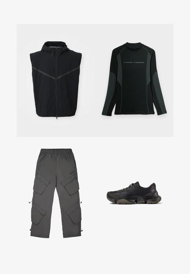 Chaleco sin mangas negro con capucha. Presenta una cremallera frontal y tiras reflectantes en la zona del pecho. Está hecho de una tela ligera.; Camisa negra de manga larga con cuello alto, hecha de una tela texturizada. Presenta paneles laterales grises y el logo "NIKE TECH" en el pecho.; Pantalones cargo en tela gris oscuro con cintura elástica, múltiples bolsillos cargo, bajos con cordón y una textura suave.; Zapatilla deportiva negra con suela texturizada, parte superior de cuero y gamuza, cuello acolchado y cierre con cordones, mostrada en perfil lateral.