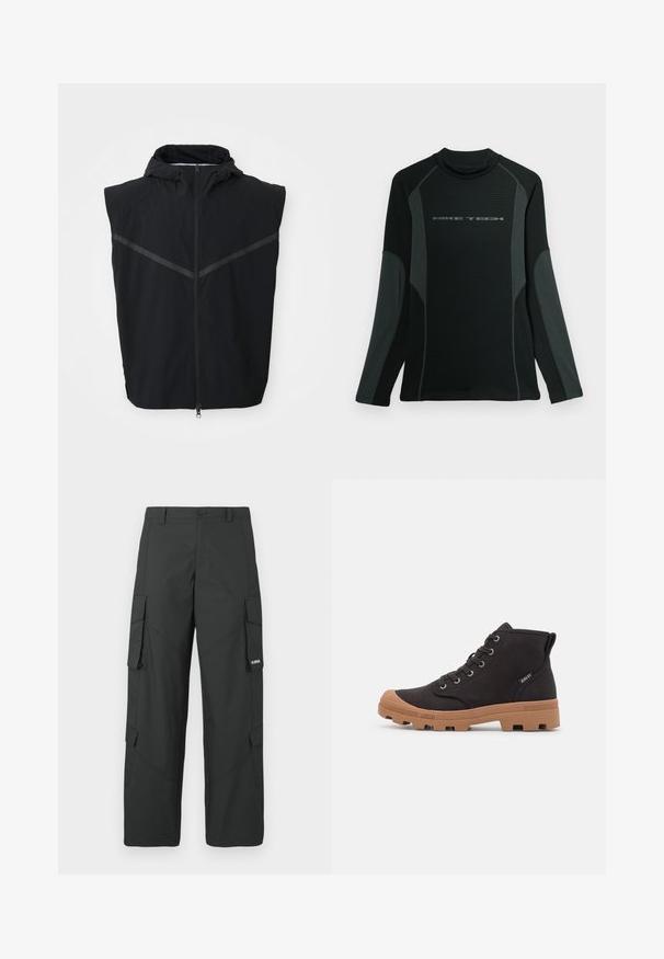 Gilet sans manches noir avec capuche. Possède une fermeture éclair à l'avant et des bandes réfléchissantes sur la poitrine. Fabriqué en tissu léger.; Chemise noire à manches longues avec col haut, fabriquée en tissu texturé. Présente des panneaux latéraux gris et le logo "NIKE TECH" sur la poitrine.; Pantalons cargo noirs à jambes droites avec poches latérales à rabat, fermeture à bouton, passants de ceinture et petit logo blanc sur le rabat de la poche droite.; Bottes de cheville en toile noire avec semelles en caoutchouc marron, dotées d'œillets en métal, d'un design à lacets et d'une surface texturée.