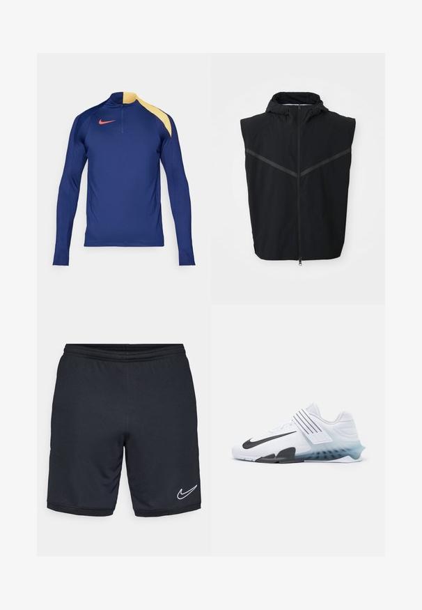 Must lametõmbluseta vest, millel on kapuuts. Esipool on varustatud tõmblukuga ja rindkere piirkonnas on peegeldavad triibud. Valmistatud kergest kangast.; Tumed sinine pikkade varrukatega sporditopp, millel on kollane õlavarre aktsent, pooltõmbluku krae ja punane Nike swoosh logo rinnal.; Mustad mustus sportlikud lühikesed püksid, millel on sile ja kerge kude, elastne vöökoht ning valge Nike logo aktsent alläärtes.; Valge sportking, millel on must Nike swoosh, võrgust ülemine osa, kolm musta triipu ja sinisest selgeks suunduva talla gradient. Omab tugevdavat aksenti.