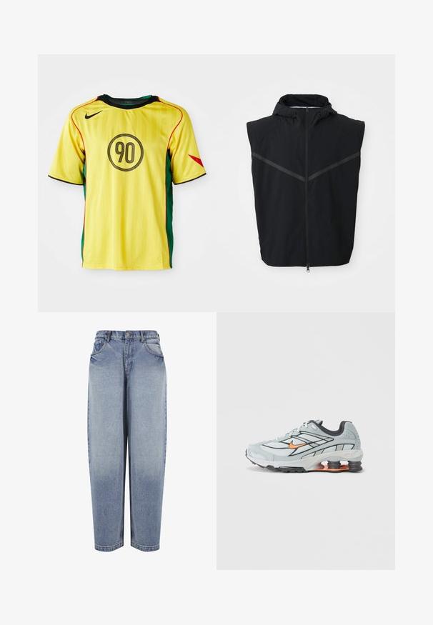 Must lametõmbluseta vest, millel on kapuuts. Esipool on varustatud tõmblukuga ja rindkere piirkonnas on peegeldavad triibud. Valmistatud kergest kangast.; Nike kollane jalgpallipaita roheliste külgpaneelidega, mustade aktsentidega ja punase äärega. Ees on ümmargune must "90" disain.; Kõrge vöökohaga, lõdva istuvusega sinised teksapüksid esitaskute, vööaasade, nööpkinnituse ja pleekinud detailidega piki säärte.; Helehall jooksujalats mustade aksentide, oranži logoga, võrkkattega pealosa, pehmendatud krae ja kummist tallaga, millel on nähtavad lööke neelavad elemendid.