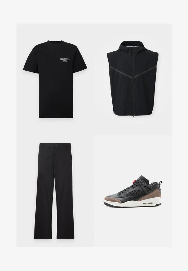 Gilet sans manches noir avec capuche. Possède une fermeture éclair à l'avant et des bandes réfléchissantes sur la poitrine. Fabriqué en tissu léger.; T-shirt en coton noir à manches courtes et col rond, avec un logo imprimé blanc sur la poitrine gauche. Texture lisse, coupe standard.; Pantalon noir à coupe droite, fabriqué en tissu lisse. Doté d'une fermeture à boutons sur le devant et sans motifs ni accents visibles.; Baskets montantes noires et marron avec semelle blanche, panneaux latéraux en mesh et un coussin d'air visible au talon.