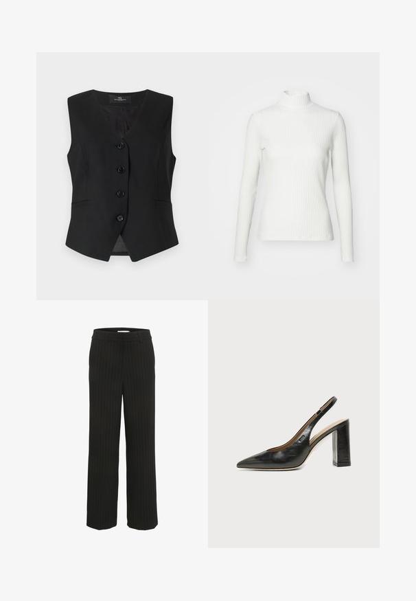 Schwarze ärmellose Weste mit V-Ausschnitt, fünf Knöpfen auf der Vorderseite, zwei seitlichen Taschen und einer glatten Textur. Einfaches, elegantes Design.; Weißes geripptes Turtleneck-Oberteil mit langen Ärmeln, aus elastischem Stoff. Verfügt über ein enganliegendes Design und einen hohen Kragen für zusätzlichen Schutz.; Schwarze gestreifte weite Hosen mit flachem Bund und Gürtelschlaufen, aus gewebtem Stoff hergestellt, mit vertikalen Streifen in einer kontrastreichen Farbe.; Schwarzer Leder-Slingback-Schuh mit spitzer Kappe, hohem Blockabsatz und beigegefüttertem Innenraum vor hellem, einfarbigem Hintergrund.