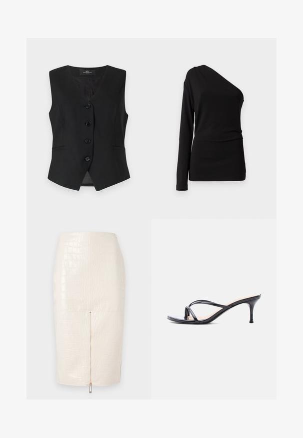 Sort ærmeløs vest med V-udskæring, fem knapper foran, to sidelommer og en glat tekstur. Enkel, skræddersyet design.; Sort langærmet top med en asymmetrisk halsudskæring, glat tekstur og tætsiddende silhuet. Ingen synlige mønstre eller udsmykninger.; Krokodille-embossed kunstlæder blyantskørt i cremefarvet, med lynlås bagpå og en glat, blank overflade.; Sort laklædersandal med hæl, tynde krydsede remme og en slank mellemhøj stilethæl på en hvid baggrund.